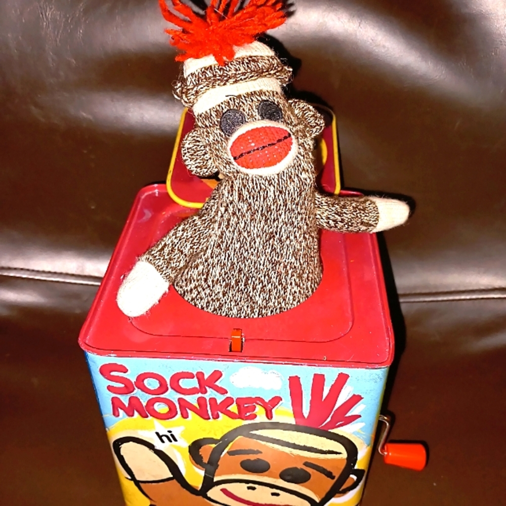 Sock Monkey in a box.